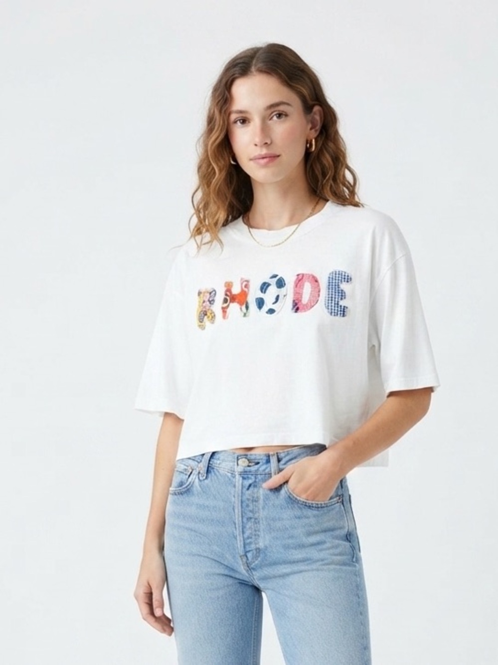 RHODE Cropped Graphic Tee with Mixed Print Patchwork Logo Size S Y2K Graphic